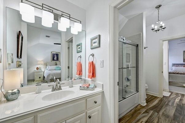 Bathroom, Bedroom, Glass Shower, Interior, Pendant Lights, Wood Texture Flooring