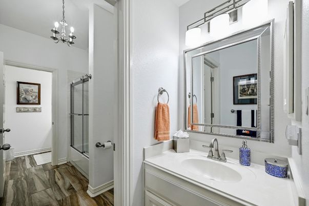 Bathroom, Chandelier, Interior, Wood Texture Flooring