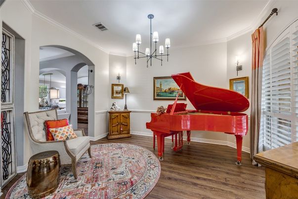 Chandelier, Interior, Pendant Lights, Piano, Wood Texture Flooring