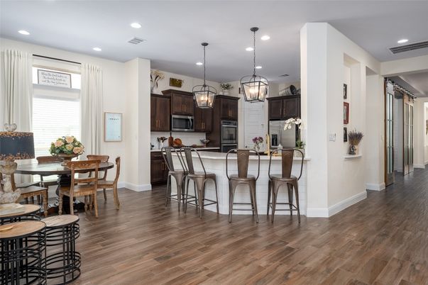 Dining room, Interior, Kitchen, Pendant Lights, Recessed Lighting, Wood Texture Flooring
