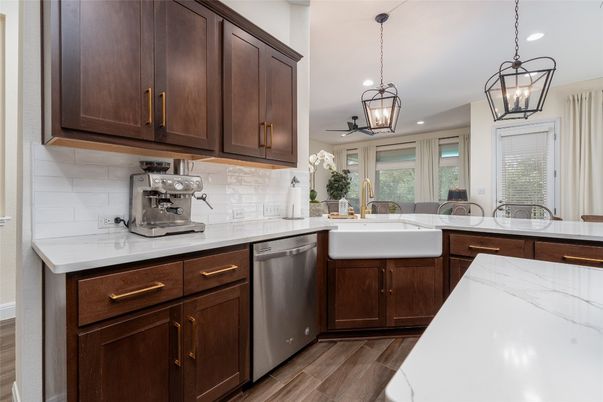 Interior, Kitchen, Pendant Lights, Recessed Lighting, Wood Texture Flooring