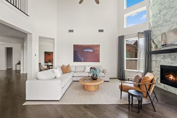 Fireplace, Interior, Living room, Marble Walls, Wood Texture Flooring