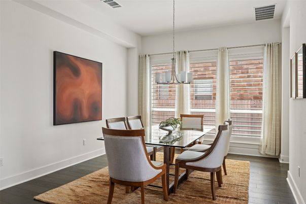 Dining room, Interior, Pendant Lights, Wood Texture Flooring