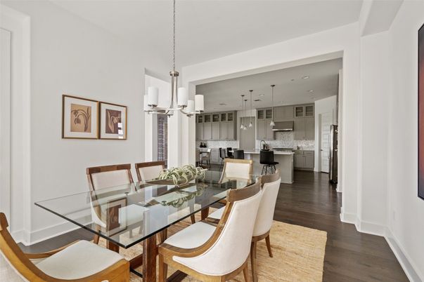 Dining room, Interior, Kitchen, Pendant Lights, Recessed Lighting, Wood Texture Flooring