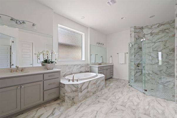 Bathroom, Dual Sink Vanities, Glass Shower, Interior, Marble, Marble Walls, Recessed Lighting