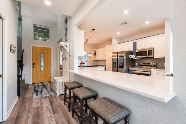 Interior, Kitchen, Pendant Lights, Recessed Lighting, Stainless Steel Appliances, Wood Texture Flooring