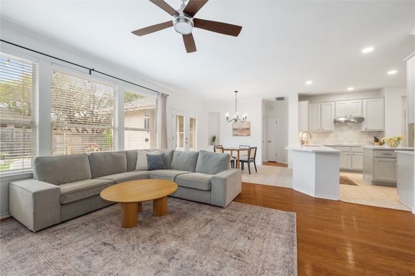 Chandelier, Dining room, Interior, Kitchen, Living room, Pendant Lights, Recessed Lighting, Wood Texture Flooring
