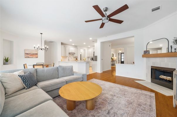 Dining room, Fireplace, Interior, Kitchen, Living room, Pendant Lights, Recessed Lighting, Wood Texture Flooring