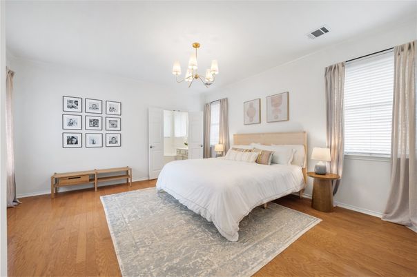 Bedroom, Chandelier, Interior, Wood Texture Flooring