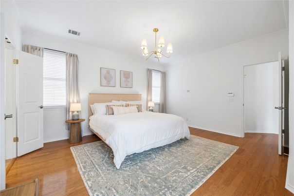 Bedroom, Chandelier, Interior, Wood Texture Flooring