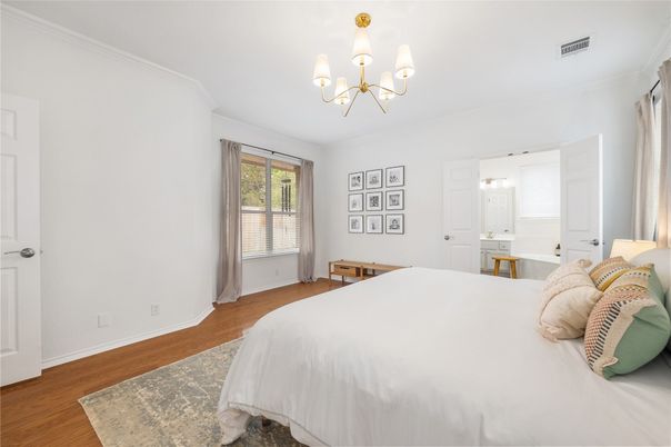 Bedroom, Chandelier, Interior, Wood Texture Flooring