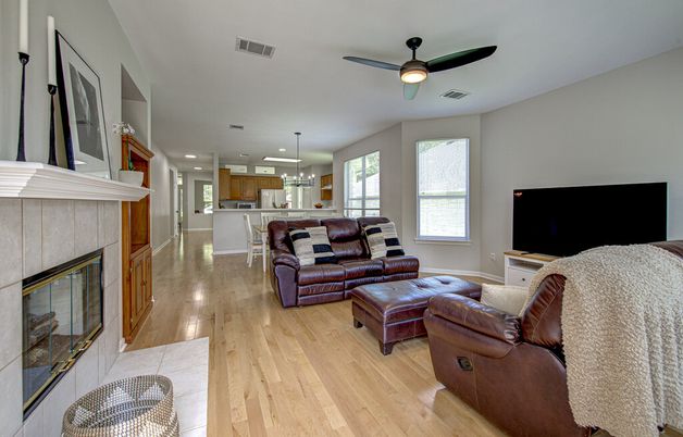 Fireplace, Interior, Kitchen, Living room, Pendant Lights, Recessed Lighting, Wood Texture Flooring