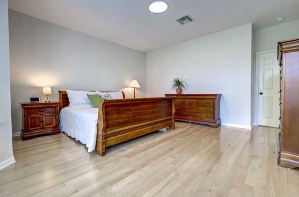 Bedroom, Interior, Recessed Lighting, Wood Texture Flooring