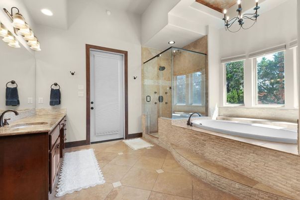 Bathroom, Chandelier, Glass Shower, Interior, Recessed Lighting