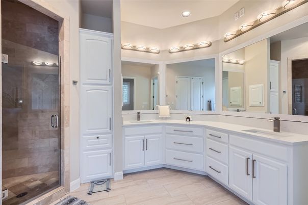 Bathroom, Dual Sink Vanities, Glass Shower, Interior, Recessed Lighting