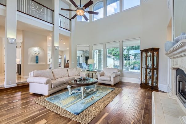 Fireplace, Interior, Living room, Recessed Lighting, Wood Texture Flooring