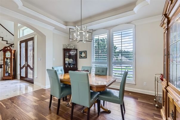 Dining room, Interior, Pendant Lights, Wood Texture Flooring