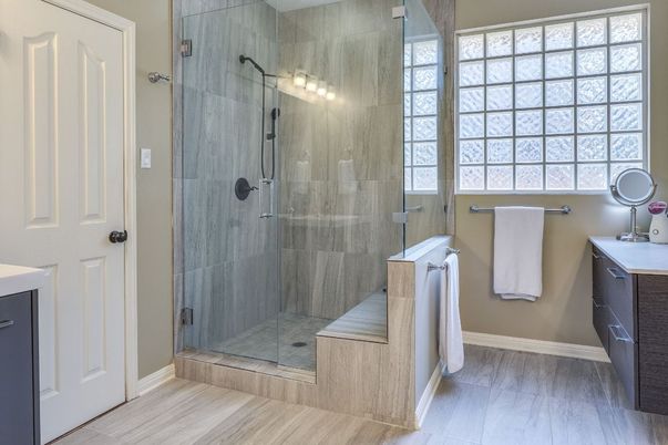 Bathroom, Glass Shower, Interior, Wood Texture Flooring
