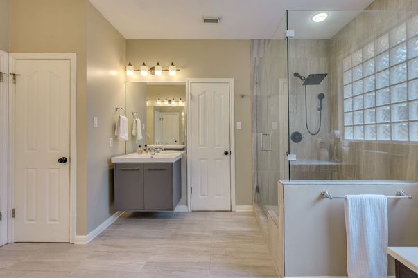 Bathroom, Glass Shower, Interior, Recessed Lighting