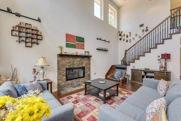 Fireplace, Interior, Living room, Recessed Lighting, Wood Texture Flooring