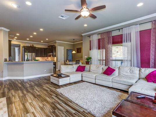 Dining room, Interior, Kitchen, Living room, Pendant Lights, Recessed Lighting, Stainless Steel Appliances, Wood Texture Flooring