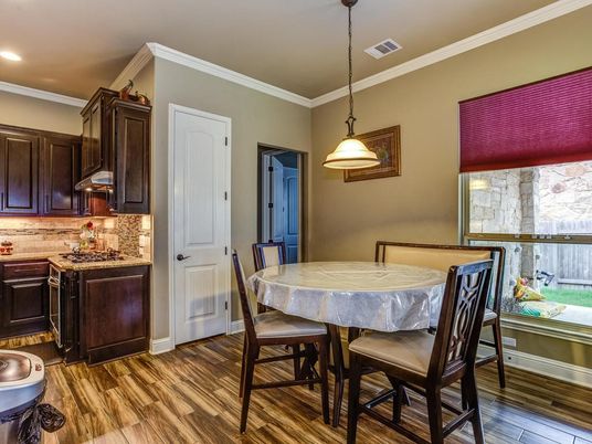 Dining room, Interior, Kitchen, Pendant Lights, Recessed Lighting, Wood Texture Flooring