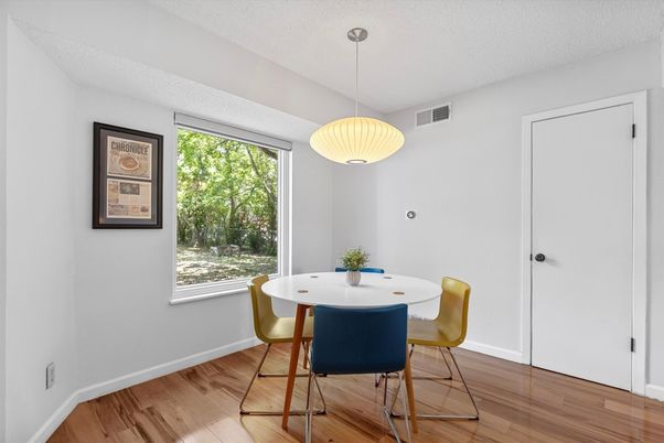 Dining room, Game Room, Interior, Pendant Lights, Wood Texture Flooring