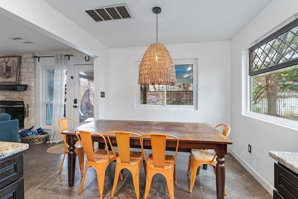Dining room, Fireplace, Interior, Pendant Lights, Stone Walls