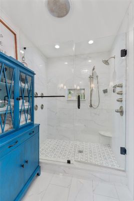 Bathroom, Glass Shower, Interior, Marble, Marble Walls, Recessed Lighting