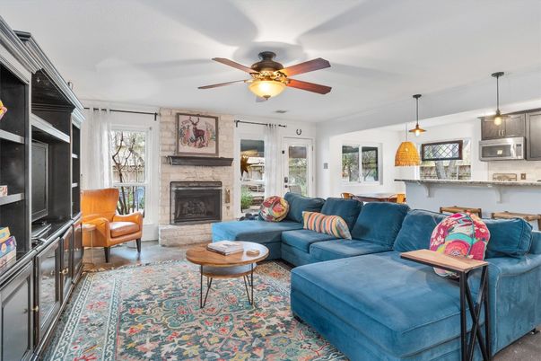Fireplace, Interior, Kitchen, Living room, Pendant Lights, Stone Walls
