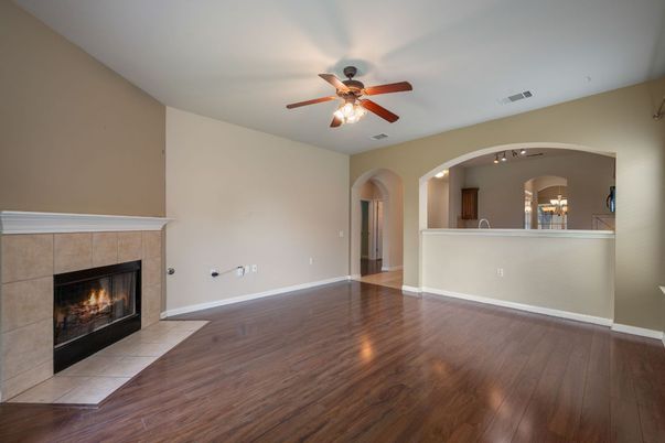 Empty room, Fireplace, Interior, Recessed Lighting, Wood Texture Flooring