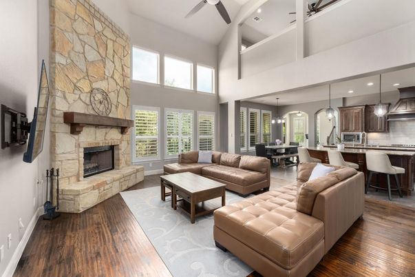 Dining room, Fireplace, Interior, Kitchen, Living room, Pendant Lights, Recessed Lighting, Stone Walls, Wood Texture Flooring