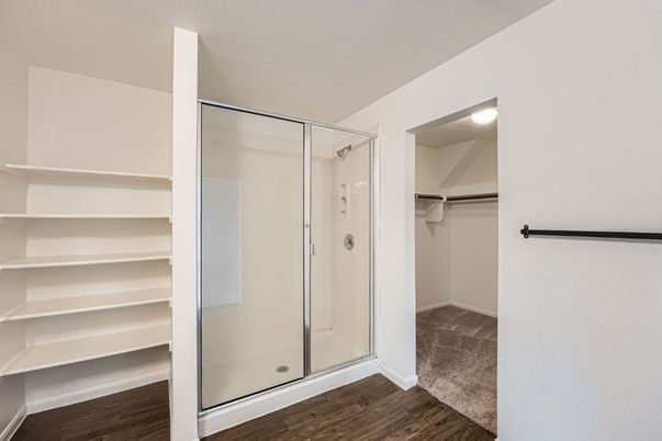 Bathroom, Glass Shower, Interior, Walk-in Closets, Wood Texture Flooring