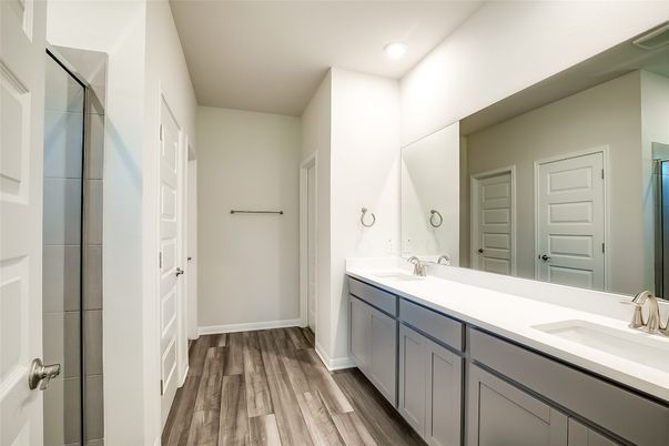 Bathroom, Dual Sink Vanities, Interior, Recessed Lighting, Wood Texture Flooring