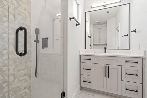 Bathroom, Dual Sink Vanities, Glass Shower, Interior, Marble