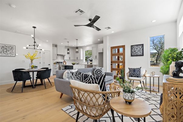 Dining room, Interior, Kitchen, Living room, Pendant Lights, Recessed Lighting, Wood Texture Flooring