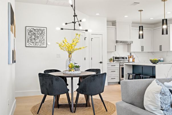 Dining room, Interior, Kitchen, Pendant Lights, Recessed Lighting, Stainless Steel Appliances, Wood Texture Flooring