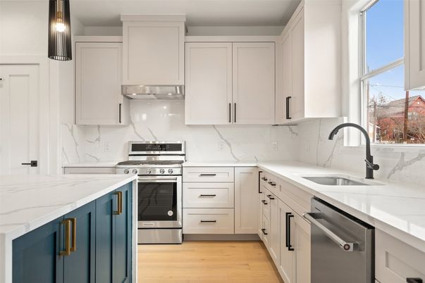 Interior, Kitchen, Marble Walls, Stainless Steel Appliances, Wood Texture Flooring