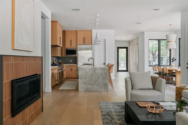 Dining room, Interior, Kitchen, Living room, Pendant Lights, Recessed Lighting, Stainless Steel Appliances, Wood Texture Flooring