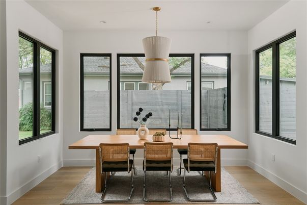 Dining room, Interior, Pendant Lights, Wood Texture Flooring