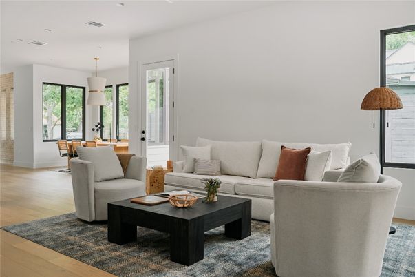 Dining room, Interior, Living room, Pendant Lights, Recessed Lighting, Wood Texture Flooring