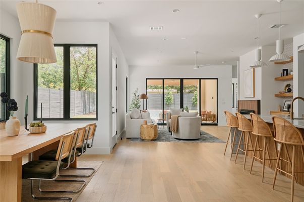 Dining room, Interior, Living room, Pendant Lights, Recessed Lighting, Wood Texture Flooring