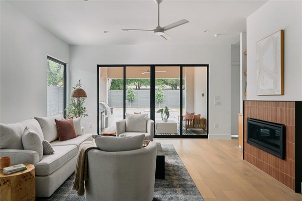 Fireplace, Interior, Living room, Recessed Lighting, Wood Texture Flooring