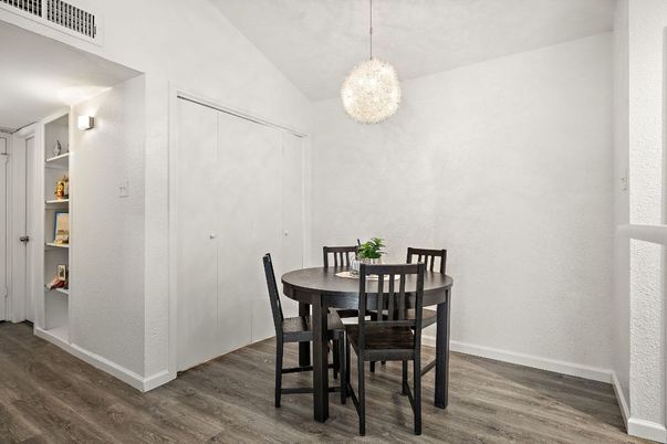 Dining room, Interior, Pendant Lights, Wood Texture Flooring