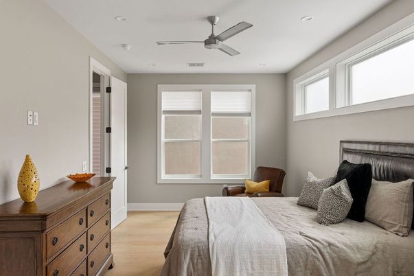 Bedroom, Interior, Recessed Lighting, Wood Texture Flooring