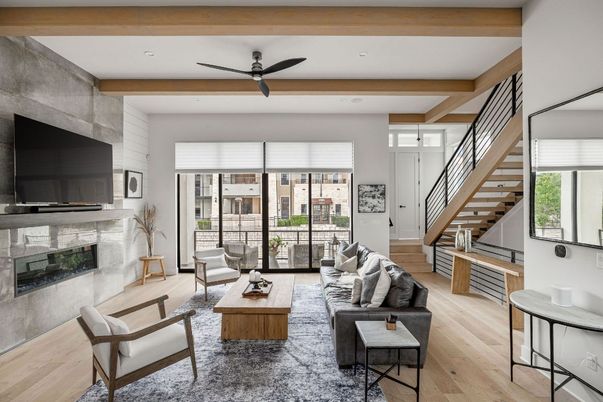 Fireplace, Interior, Living room, Recessed Lighting, Wooden Beams, Wood Texture Flooring