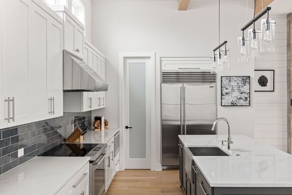 Interior, Kitchen, Pendant Lights, Stainless Steel Appliances, Wood Texture Flooring