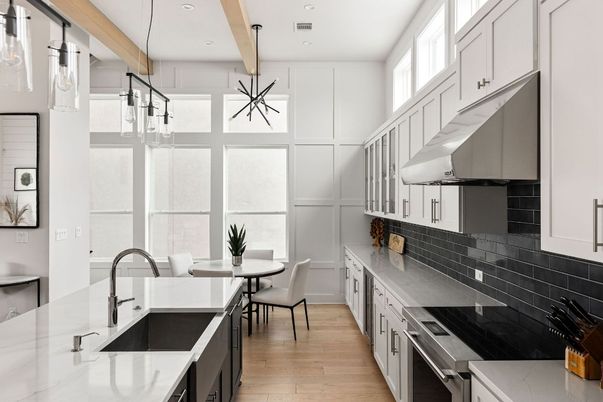 Dining room, Interior, Kitchen, Pendant Lights, Recessed Lighting, Stainless Steel Appliances, Wooden Beams, Wood Texture Flooring