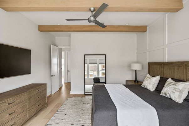 Bedroom, Interior, Recessed Lighting, Wooden Beams, Wood Texture Flooring