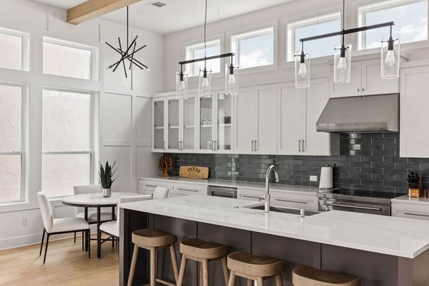 Dining room, Interior, Kitchen, Pendant Lights, Stainless Steel Appliances, Wooden Beams, Wood Texture Flooring